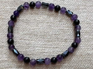 Protection -Shungite, Amethyst, Magnetic Hematite Bead Bracelet, Elasticated, Large 22cm (ref1112690)